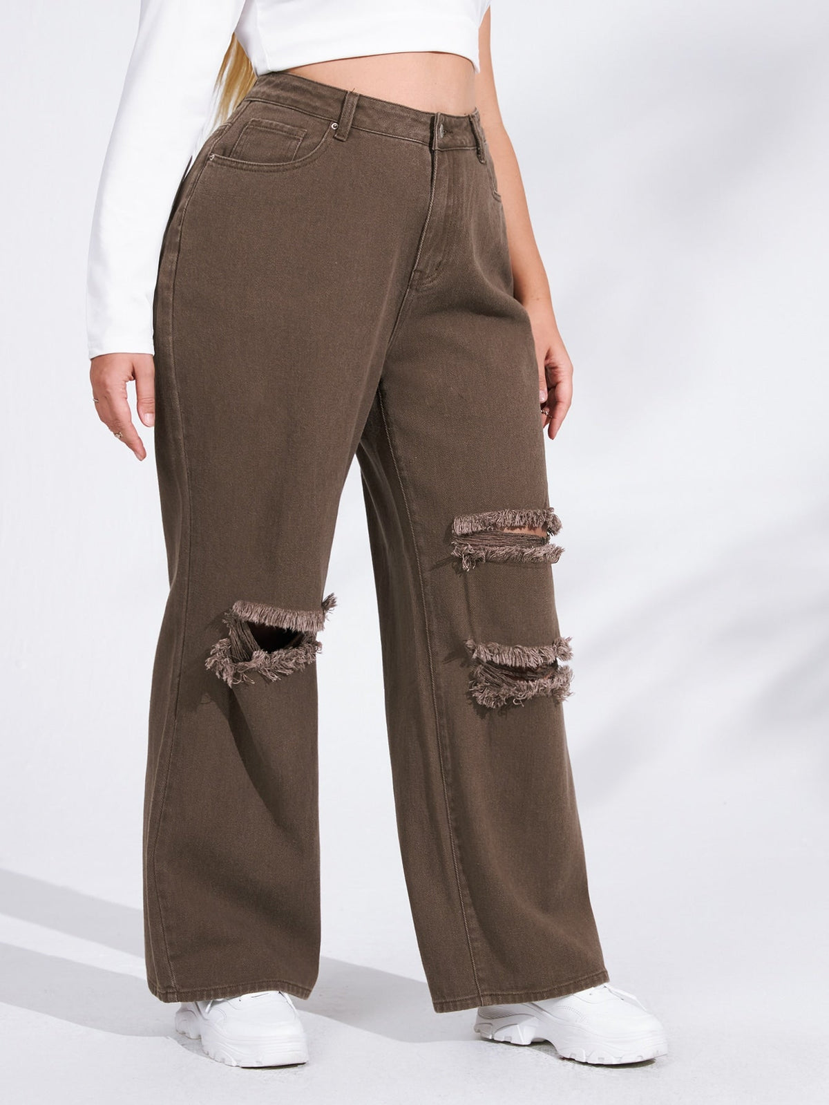 Jean large déchiré taille haute grande taille