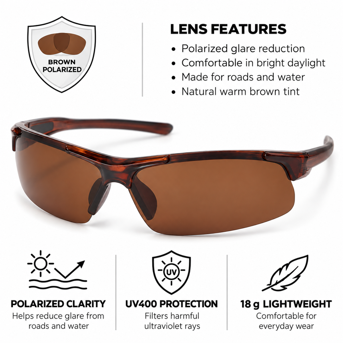 AeroTrace Air Semi-Rimless Polarized Sports Sunglasses for Fishing, Driving & Cycling