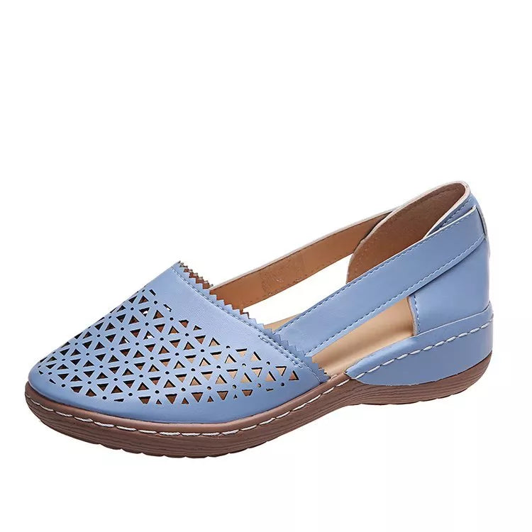 Damen Keilabsatz Orthopädische Hohl geformte PU Sommer Vintage Sandalen