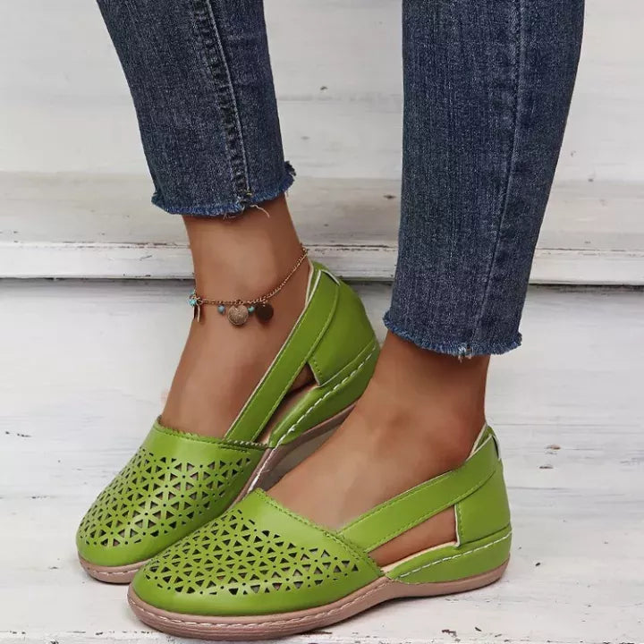 Damen Keilabsatz Orthopädische Hohl geformte PU Sommer Vintage Sandalen
