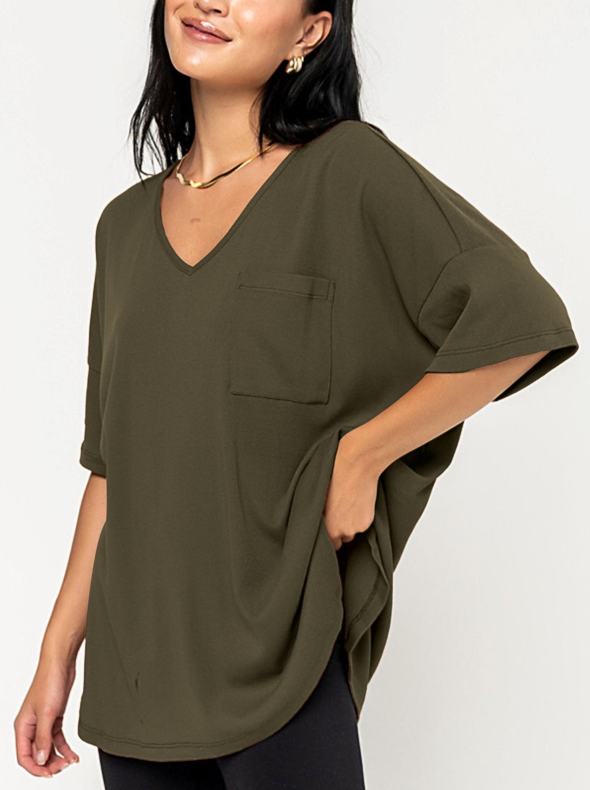 Oversize-T-Shirt für Damen mit V-Ausschnitt und Taschen (3 kaufen, Versandkostenfrei)