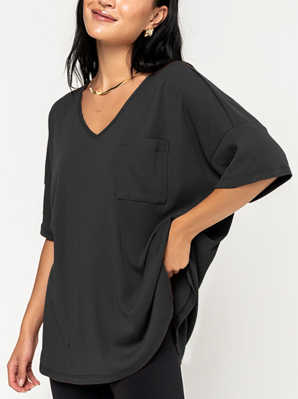 Oversize-T-Shirt für Damen mit V-Ausschnitt und Taschen (3 kaufen, Versandkostenfrei)