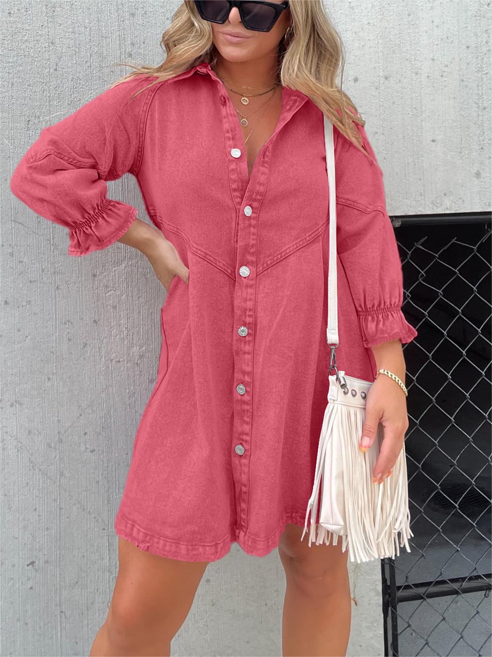 New Washed Denim Puff Sleeve Dress (Buy 2 Free Shipping)