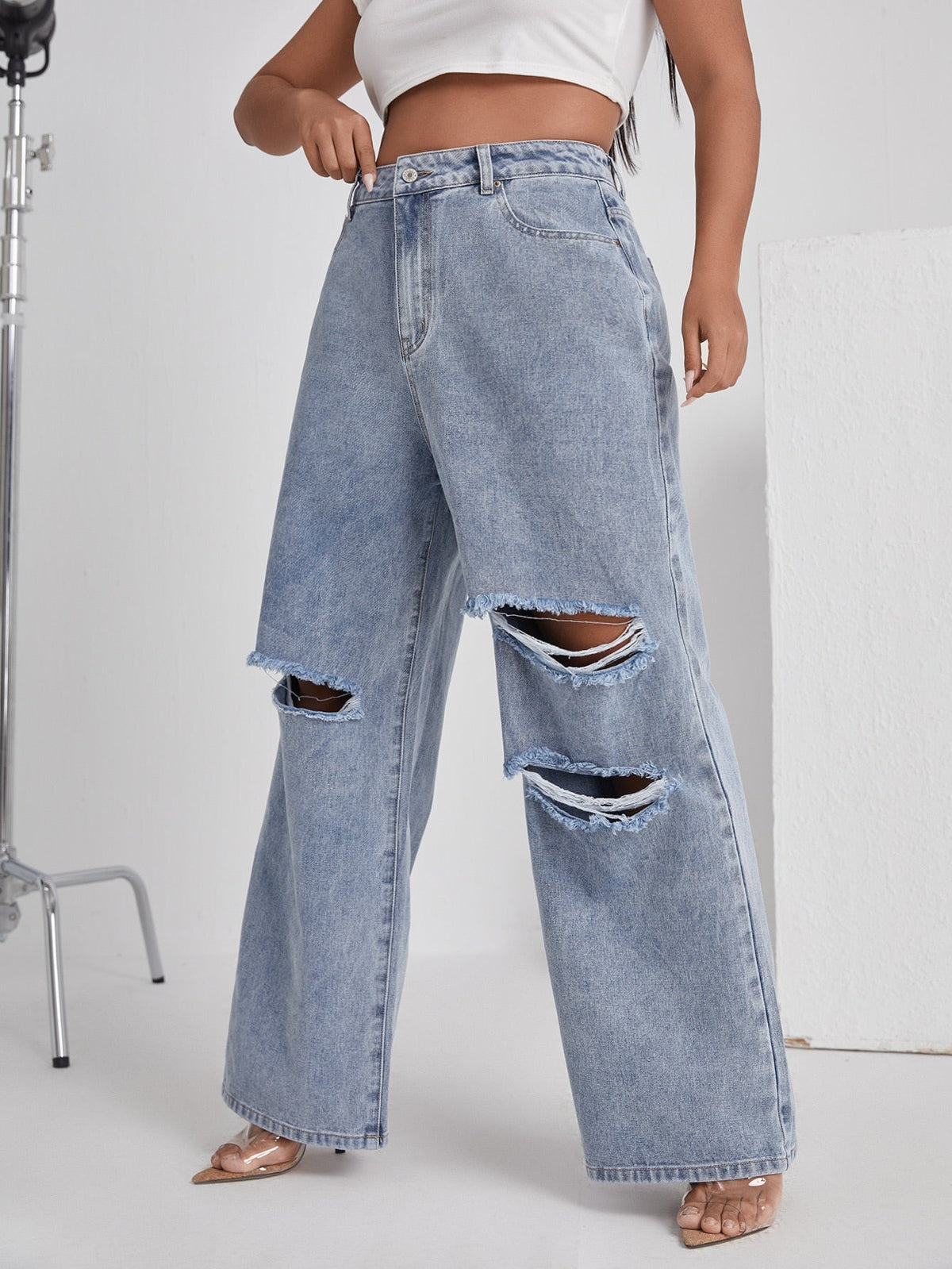 Jean large déchiré taille haute grande taille