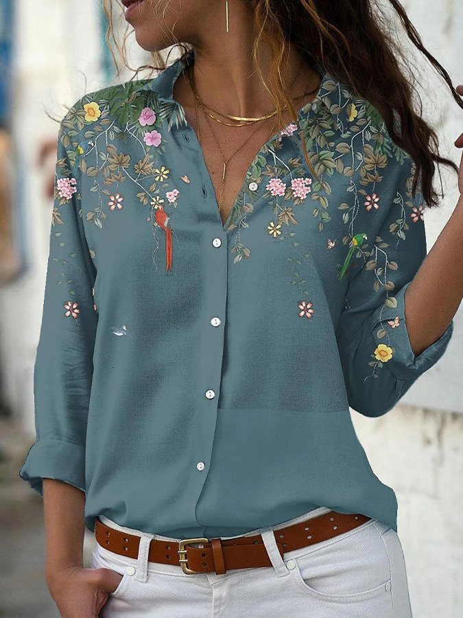 Women's Loose Lapel Long Sleeve Single Breasted Printed Shirt