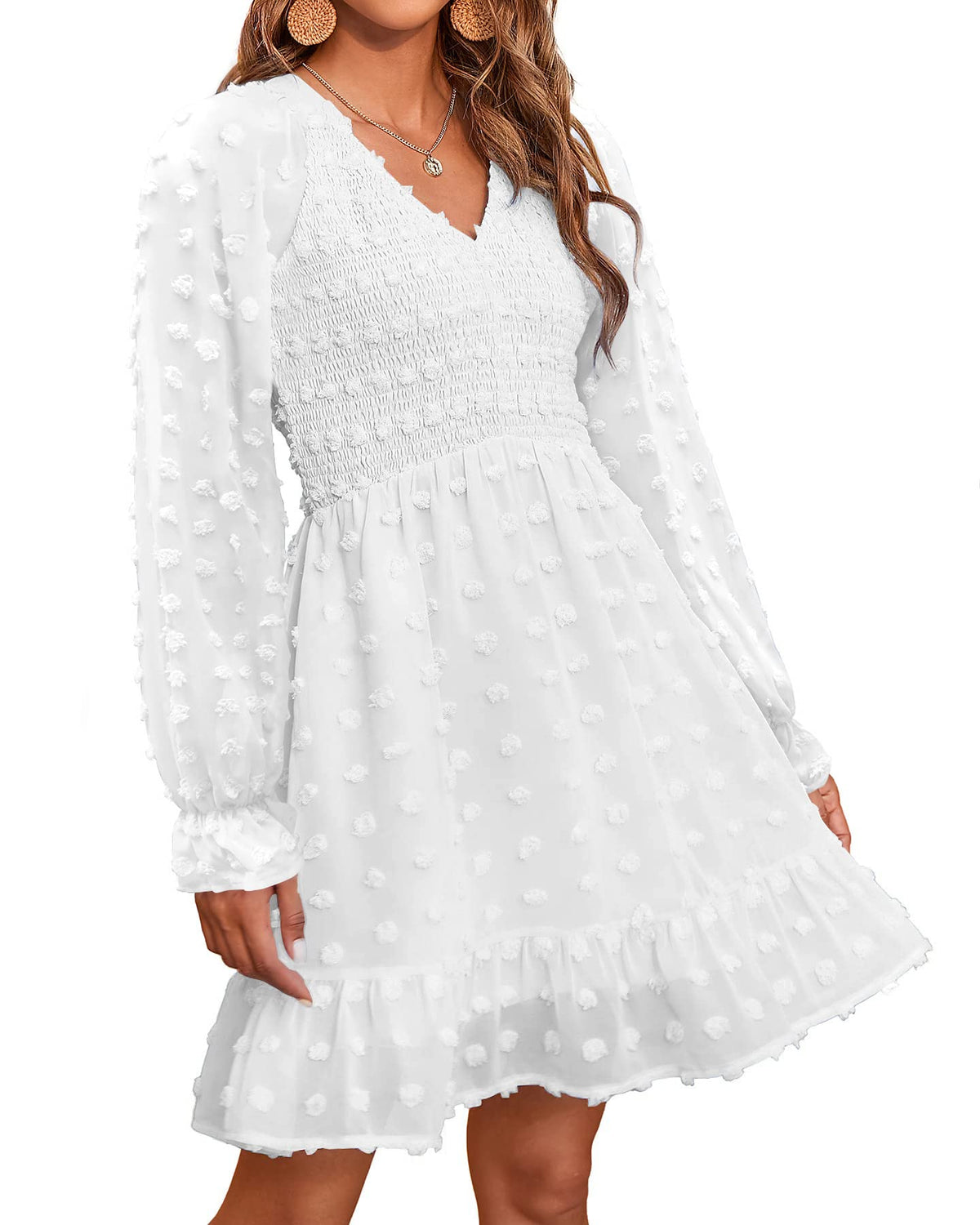 Women's Spring V Neck Swiss Dot Chiffon Mini Dress (Buy 2 Free Shipping)