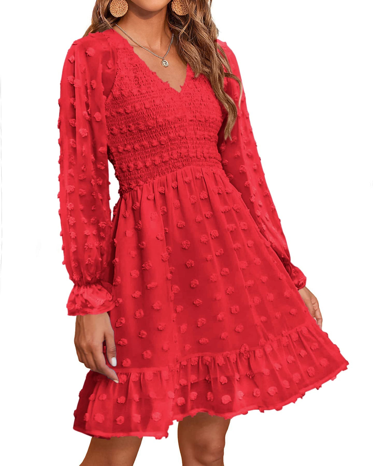 Women's Spring V Neck Swiss Dot Chiffon Mini Dress (Buy 2 Free Shipping)
