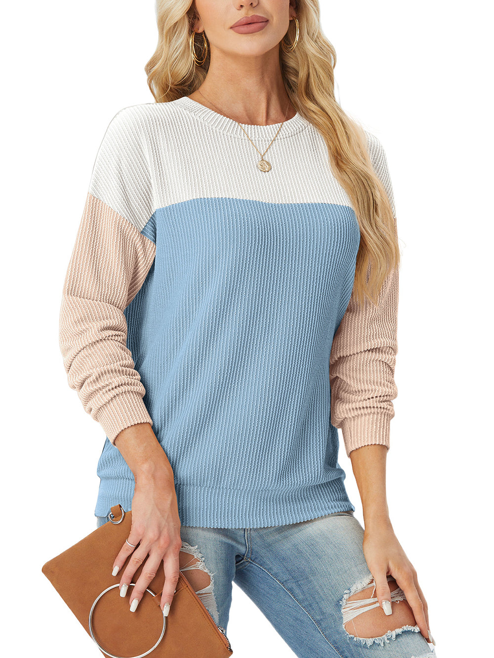 Women's Crewneck Color Block Ribbed Tops (Buy 2 Free Shipping)