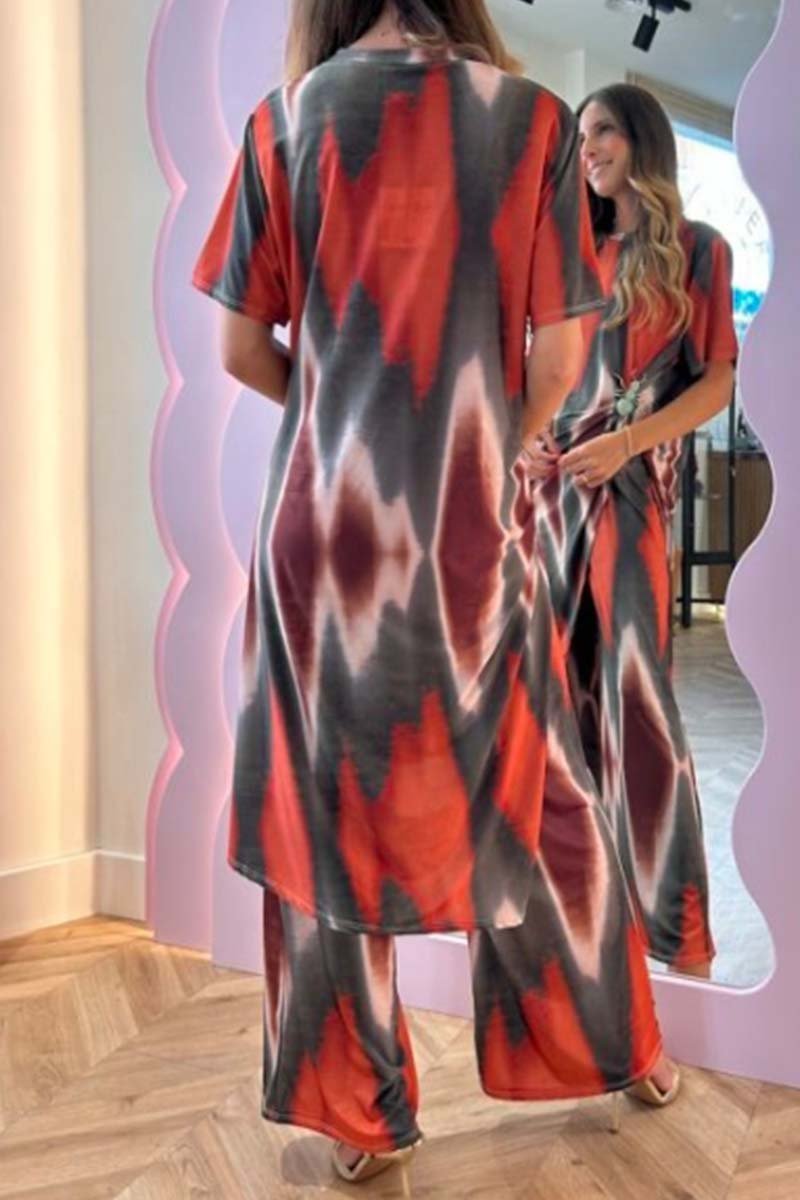 Women's casual tie-dye slit tops and pants two-piece set