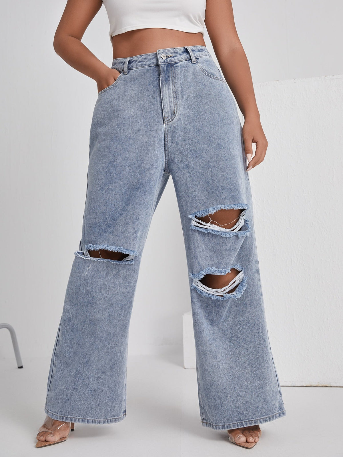 Jean large déchiré taille haute grande taille