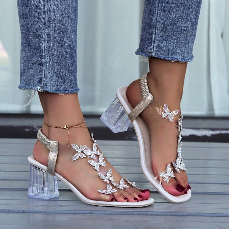 Damen Sandalen mit Schmetterling, Strass und Blockabsatz
