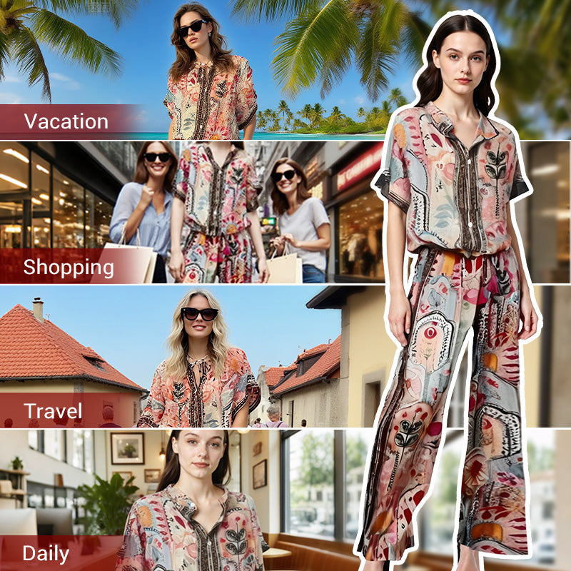 ⏳Time-Limited Special⏰Women's Printed Top & Wide Leg Pants 2-Piece Set
