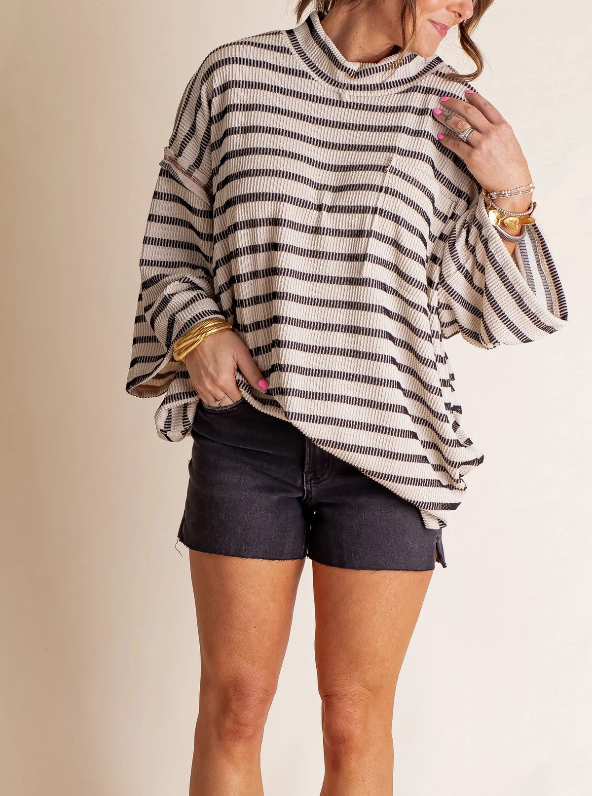 Women's Oversized High Neck Urban Ribbed Striped Top (Buy 2 Free Shipping)