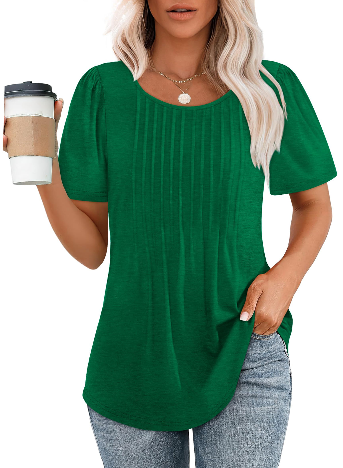 Women's Short Sleeve Pleated Scooped Neck Tops (Buy 3 Free Shipping)