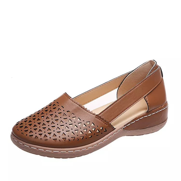 Damen Keilabsatz Orthopädische Hohl geformte PU Sommer Vintage Sandalen