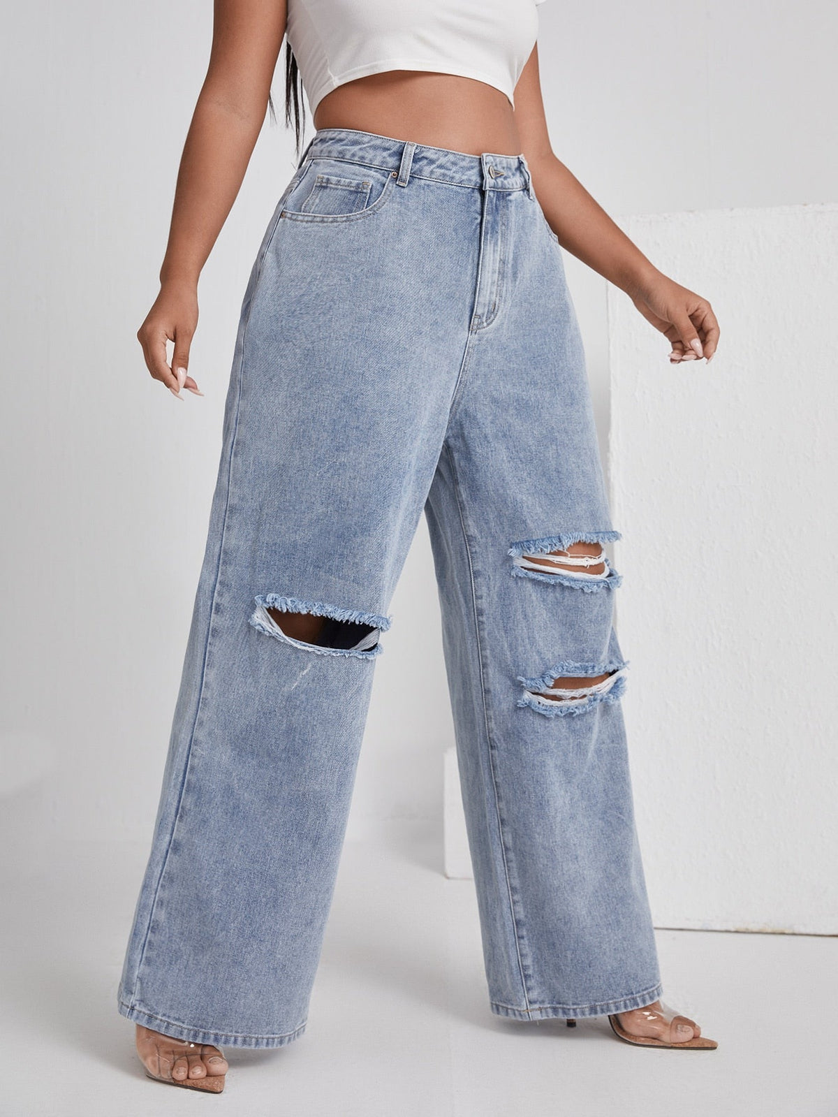 Jean large déchiré taille haute grande taille