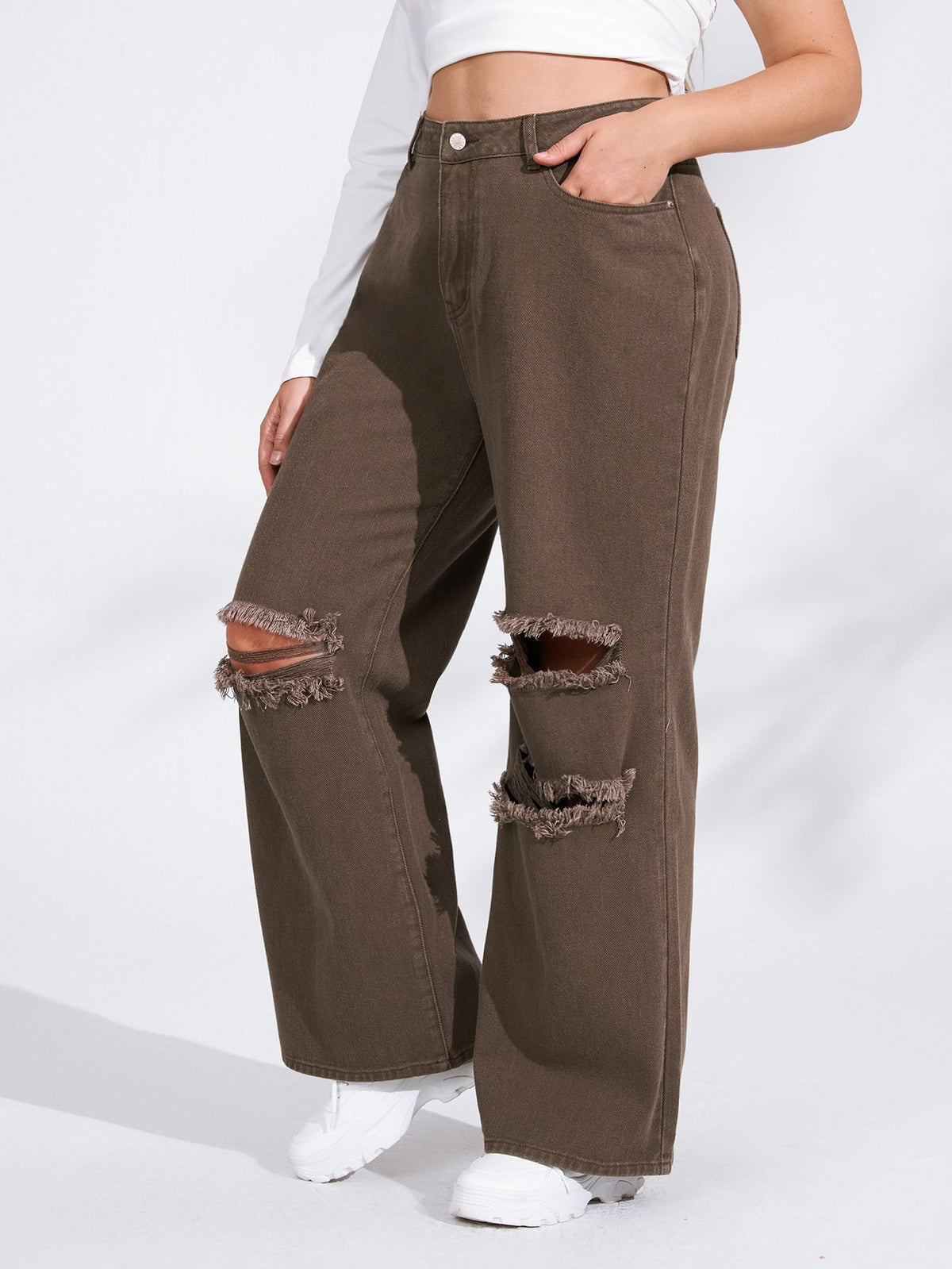 Jean large déchiré taille haute grande taille