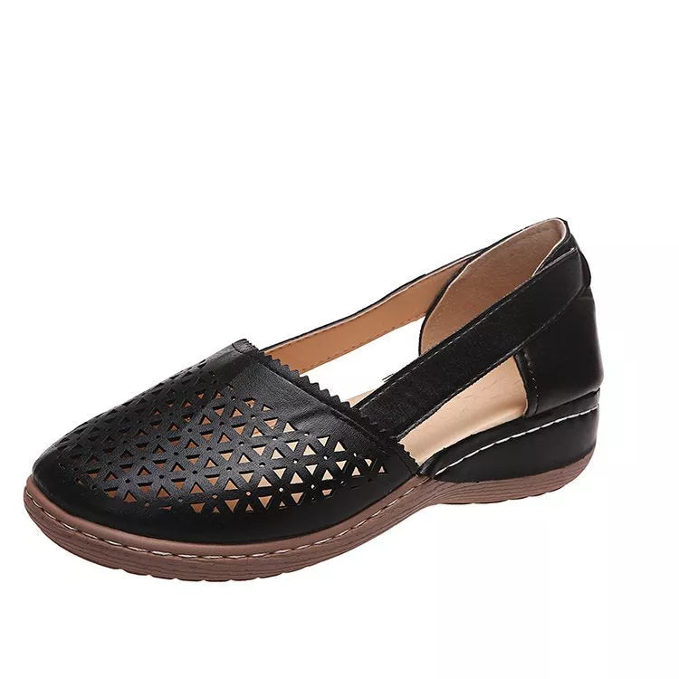Damen Keilabsatz Orthopädische Hohl geformte PU Sommer Vintage Sandalen