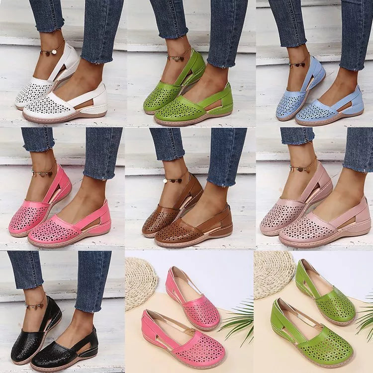Damen Keilabsatz Orthopädische Hohl geformte PU Sommer Vintage Sandalen
