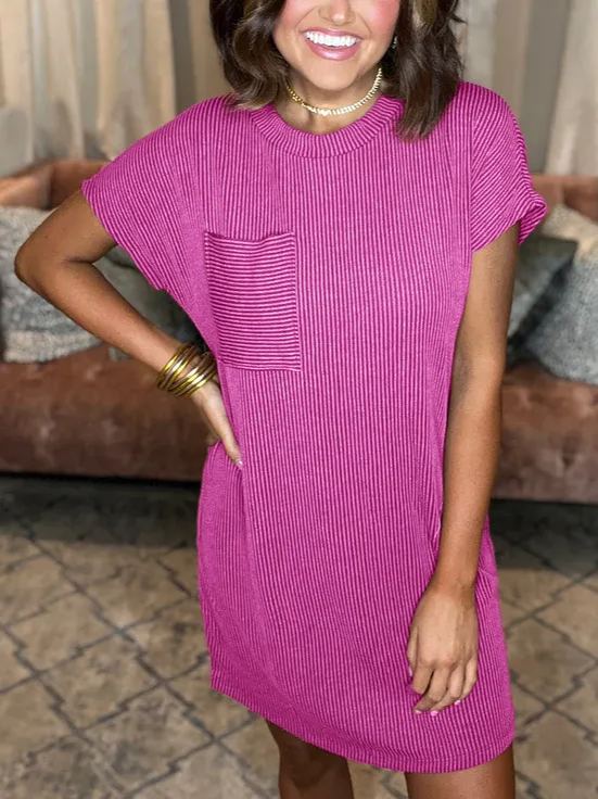 New Ribbed Round Neck Pocket Dress (Buy 2 Free Shipping)