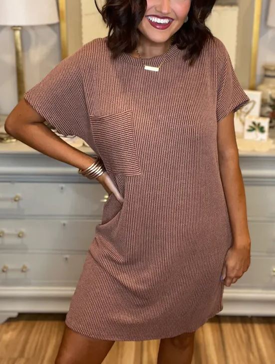 New Ribbed Round Neck Pocket Dress (Buy 2 Free Shipping)
