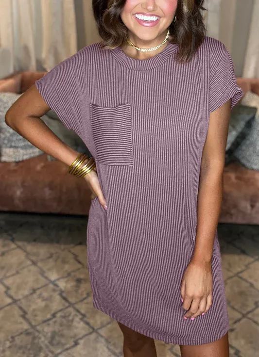 New Ribbed Round Neck Pocket Dress (Buy 2 Free Shipping)