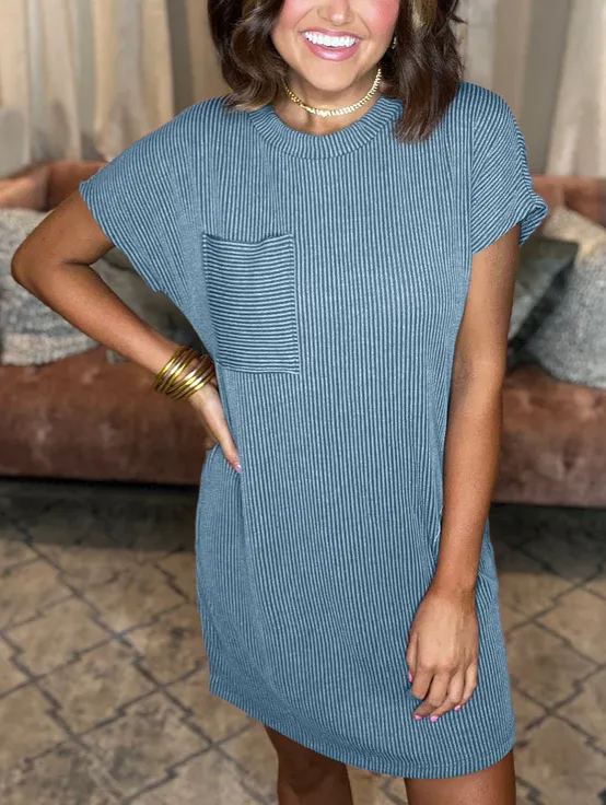 New Ribbed Round Neck Pocket Dress (Buy 2 Free Shipping)