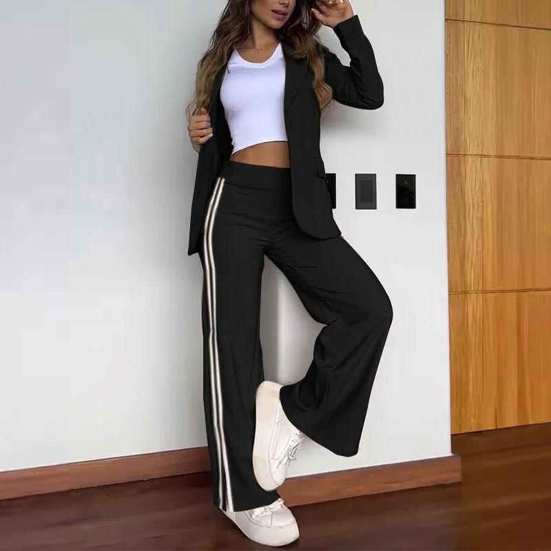 Women's Casual Notched Lapel Blazer and Wide-leg Pants Set