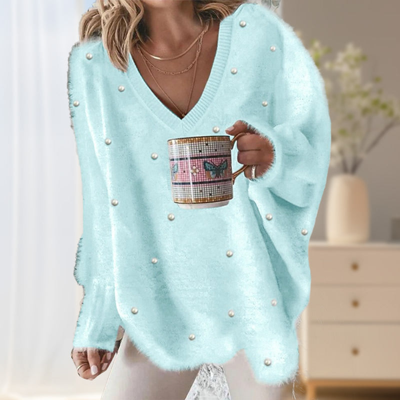 🔥Hot Sale Offers-V-Neck Long Sleeve Beaded Decor Oversized Sweater Fluffy Pullover Top