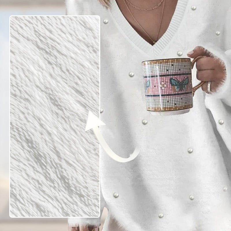 🔥Hot Sale Offers-V-Neck Long Sleeve Beaded Decor Oversized Sweater Fluffy Pullover Top