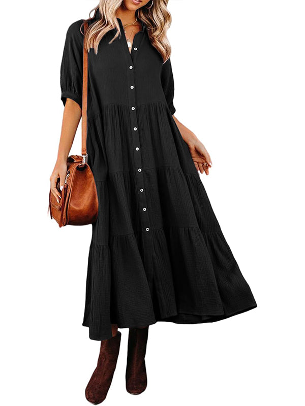 Fließendes Damen-Midikleid mit Knopfleiste und gestuften Rüschen sowie Taschen (2 kaufen, Versand gratis)
