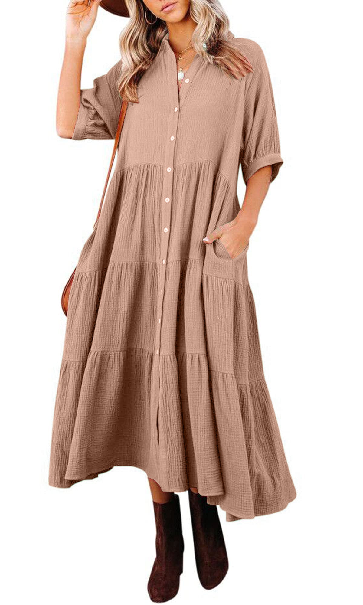 Fließendes Damen-Midikleid mit Knopfleiste und gestuften Rüschen sowie Taschen (2 kaufen, Versand gratis)