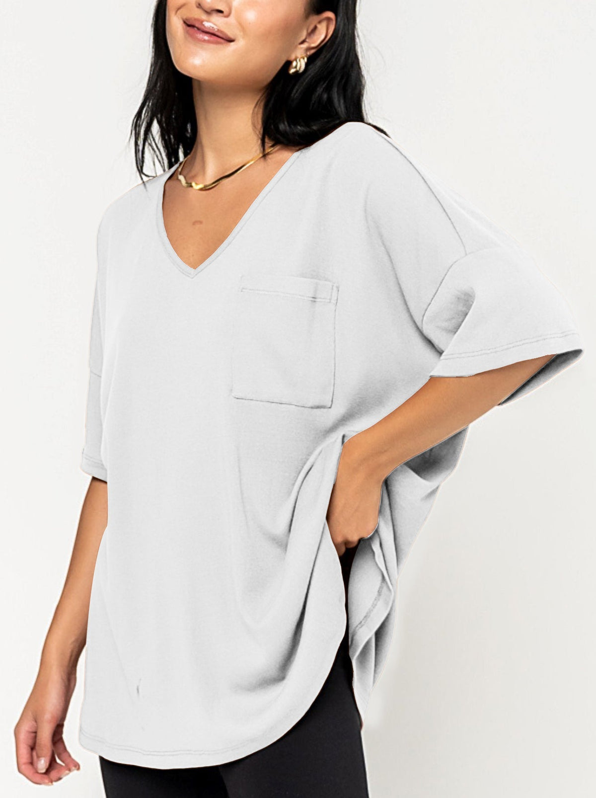 Oversize-T-Shirt für Damen mit V-Ausschnitt und Taschen (3 kaufen, Versandkostenfrei)