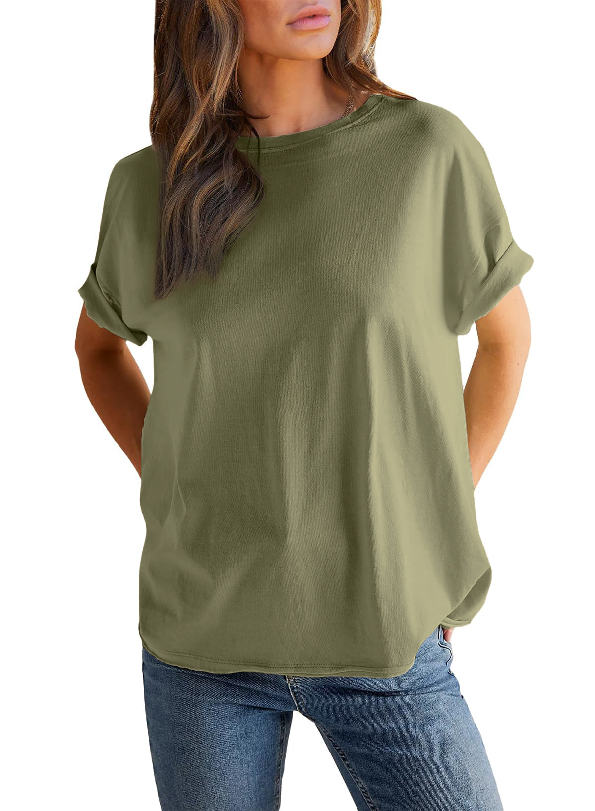 T-shirt uni à col rond et manches courtes pour femme (achetez-en 2, la livraison est offerte)