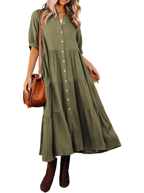 Fließendes Damen-Midikleid mit Knopfleiste und gestuften Rüschen sowie Taschen (2 kaufen, Versand gratis)