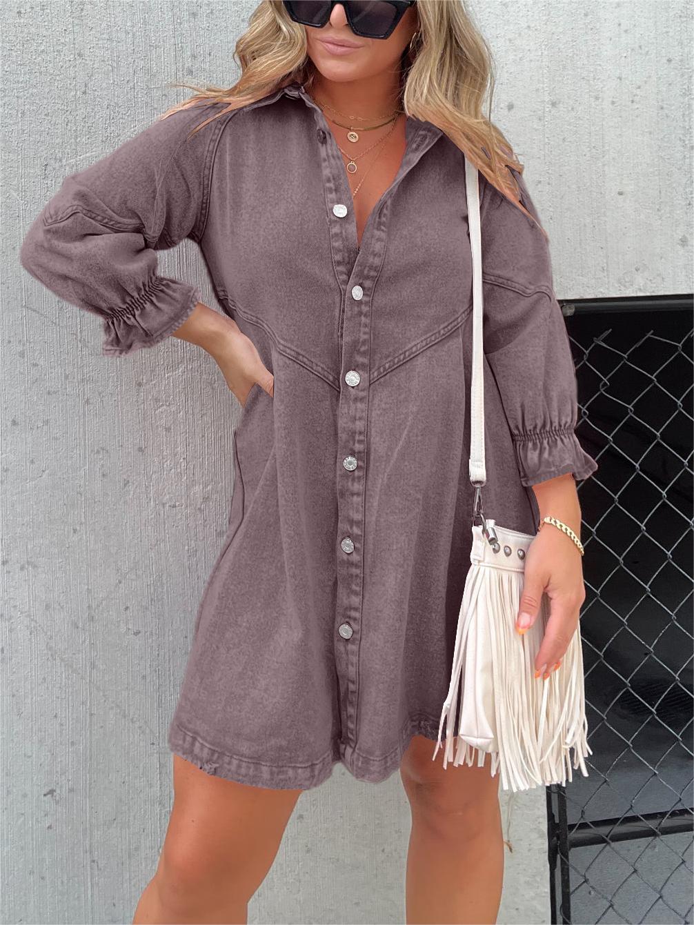 New Washed Denim Puff Sleeve Dress (Buy 2 Free Shipping)