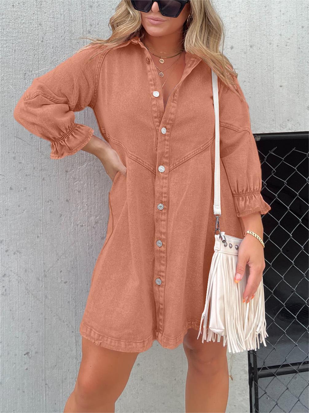 New Washed Denim Puff Sleeve Dress (Buy 2 Free Shipping)