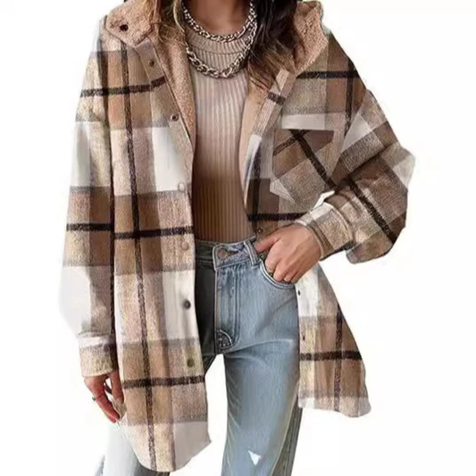 Women's Flannel Hooded Plaid Shacket Thick Coat Winter Coat for Warmth Button down Warm and Fuzzy Fleece Jacket