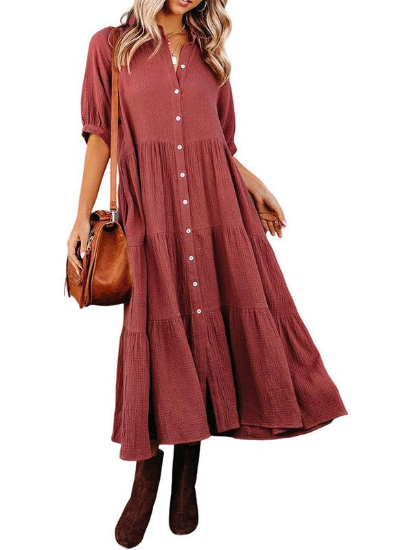 Fließendes Damen-Midikleid mit Knopfleiste und gestuften Rüschen sowie Taschen (2 kaufen, Versand gratis)