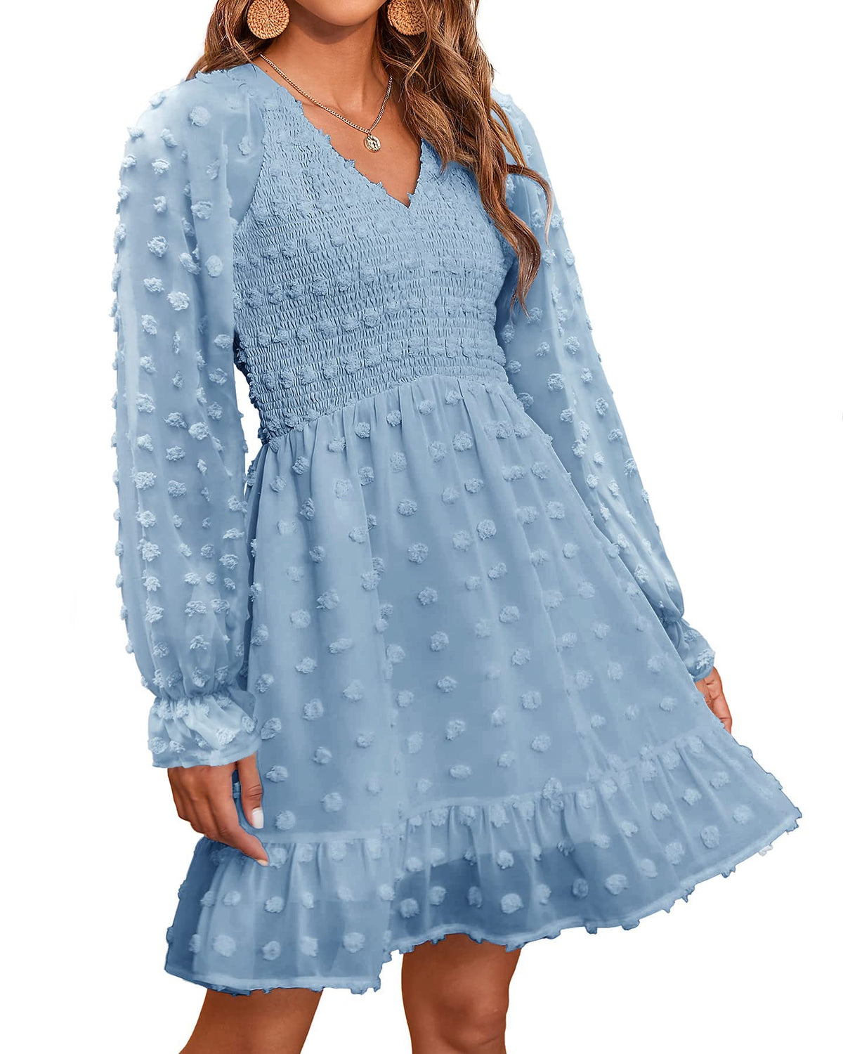 Women's Spring V Neck Swiss Dot Chiffon Mini Dress (Buy 2 Free Shipping)