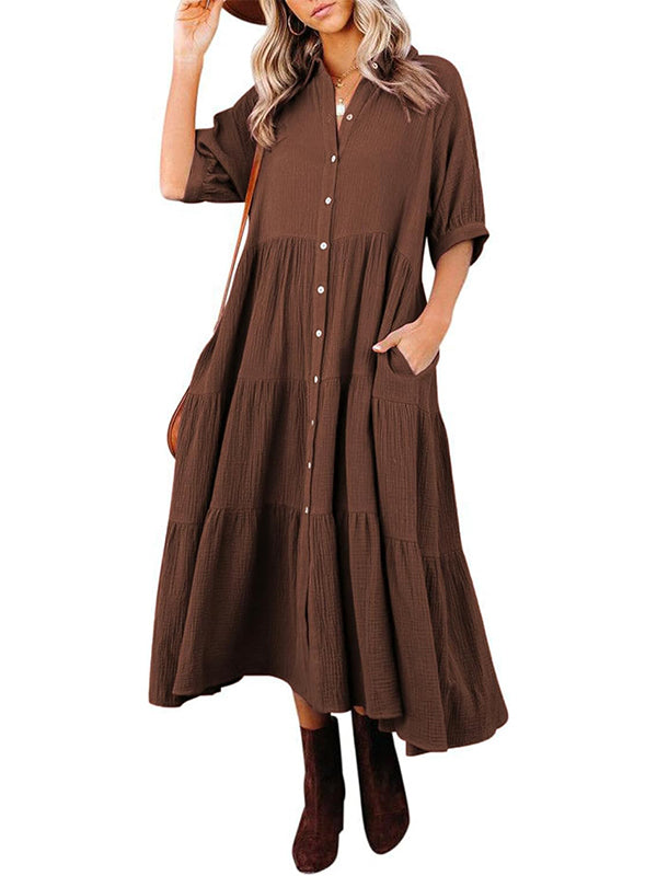 Fließendes Damen-Midikleid mit Knopfleiste und gestuften Rüschen sowie Taschen (2 kaufen, Versand gratis)