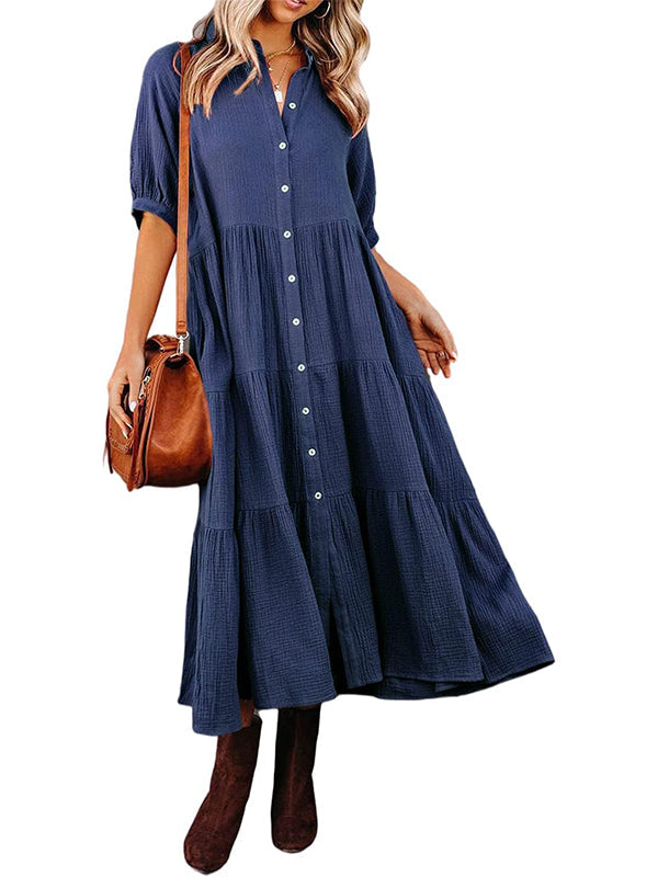 Fließendes Damen-Midikleid mit Knopfleiste und gestuften Rüschen sowie Taschen (2 kaufen, Versand gratis)