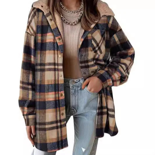 Women's Flannel Hooded Plaid Shacket Thick Coat Winter Coat for Warmth Button down Warm and Fuzzy Fleece Jacket
