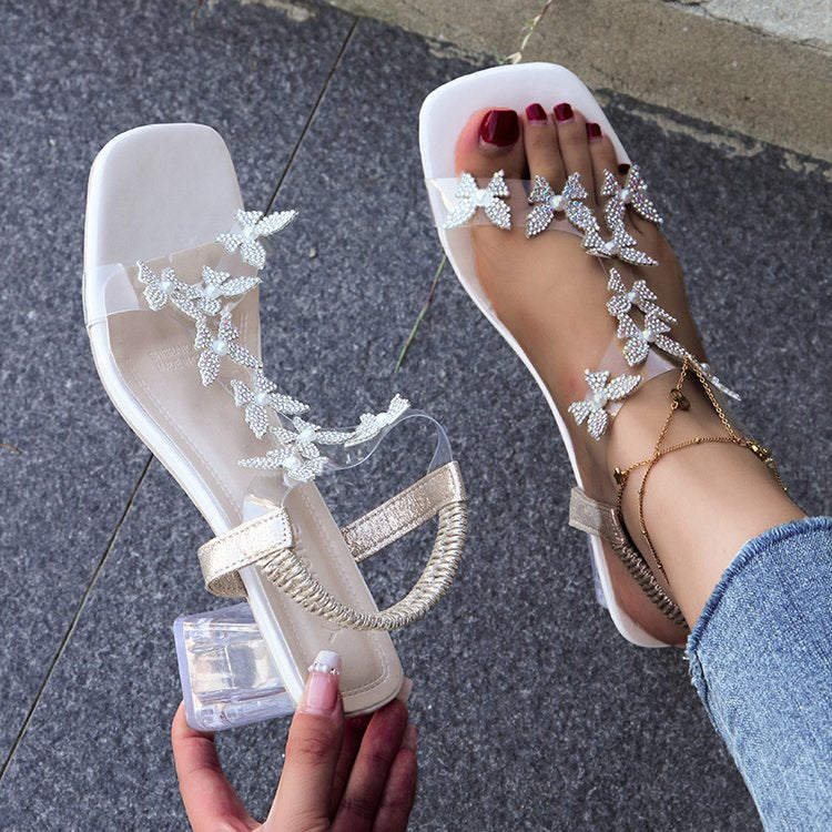 Damen Sandalen mit Schmetterling, Strass und Blockabsatz