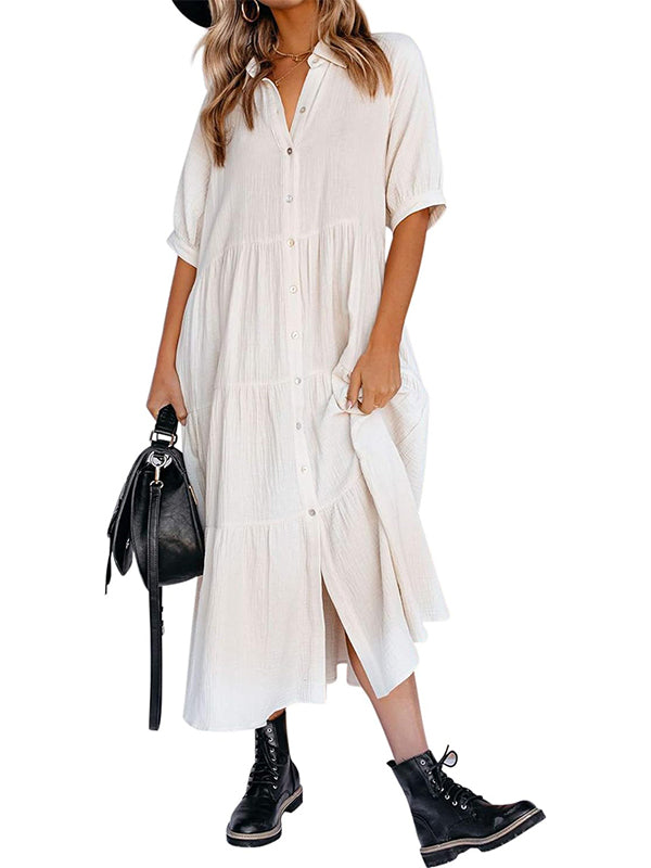 Fließendes Damen-Midikleid mit Knopfleiste und gestuften Rüschen sowie Taschen (2 kaufen, Versand gratis)