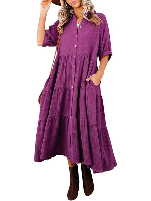 Fließendes Damen-Midikleid mit Knopfleiste und gestuften Rüschen sowie Taschen (2 kaufen, Versand gratis)