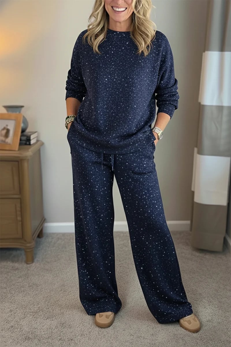 🎄 New Arrivals🔥 Cozy Travel Crew Neck Shiny Sweatshirt and Pant 2 Piece Sets