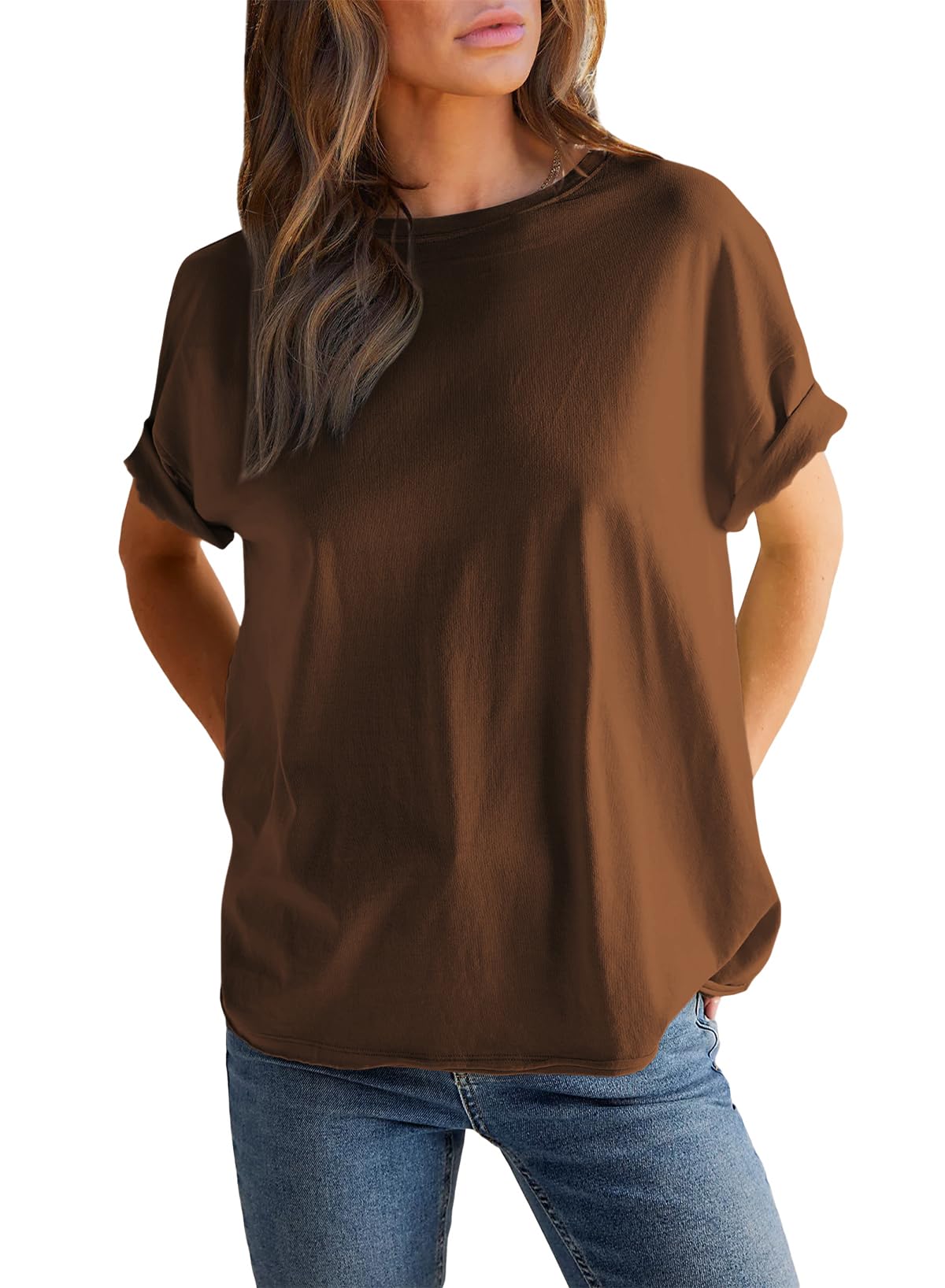 T-shirt uni à col rond et manches courtes pour femme (achetez-en 2, la livraison est offerte)