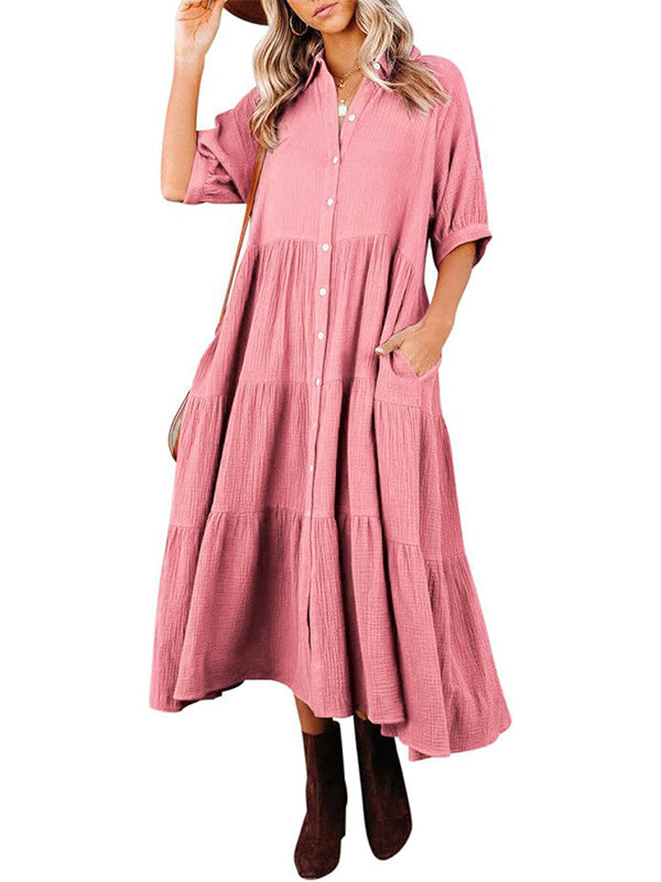 Fließendes Damen-Midikleid mit Knopfleiste und gestuften Rüschen sowie Taschen (2 kaufen, Versand gratis)