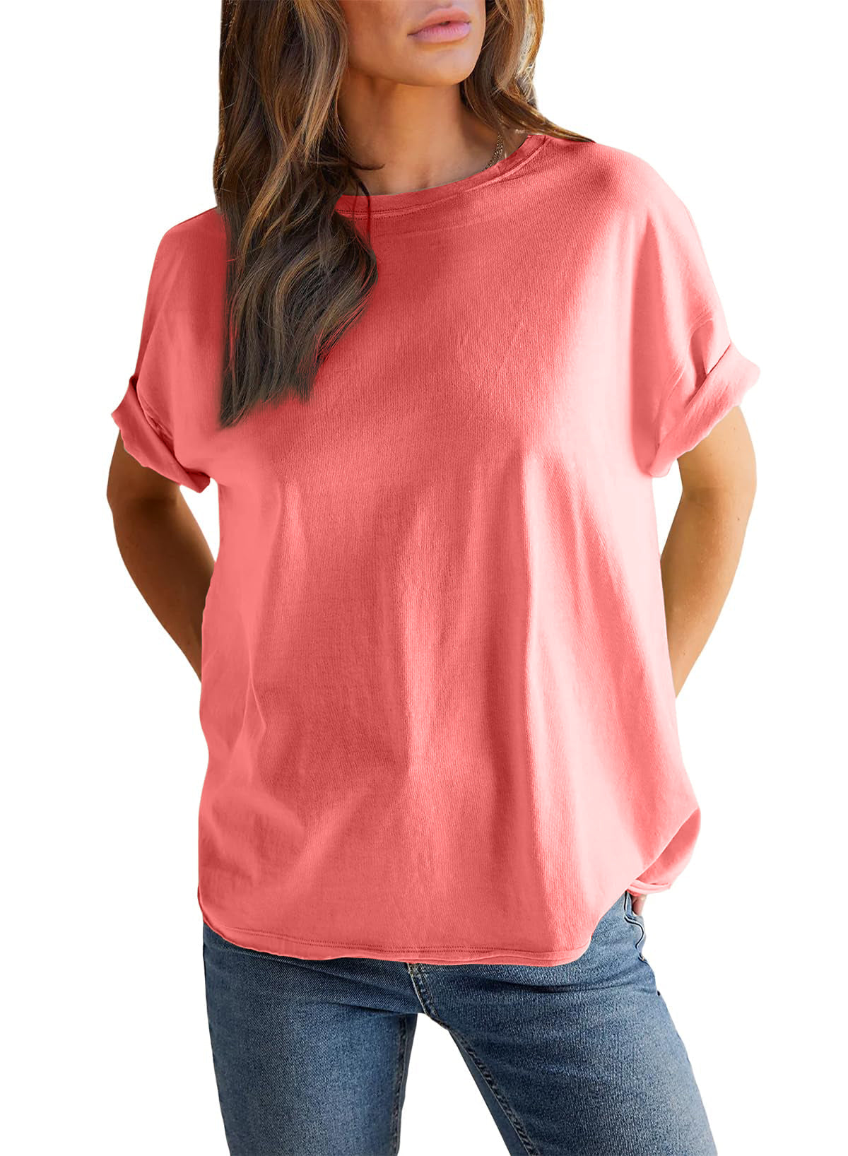 T-shirt uni à col rond et manches courtes pour femme (achetez-en 2, la livraison est offerte)